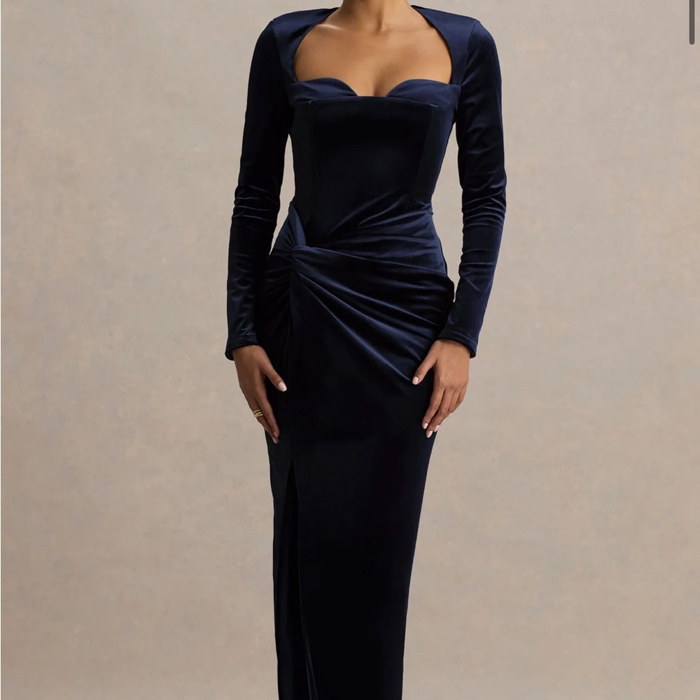 Club L London Navy Velvet Corset Style Knot Maxi Dress